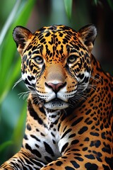 Obraz premium Jaguar stares forward, spotted fur distinct against green foliage background