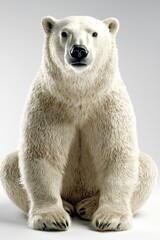 Fototapeta premium Large, furry polar bear sitting upright, looking directly at the viewer