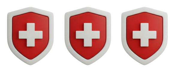 Obraz premium Three 3D Red Shields with White Cross Icon PNG Transparent Background