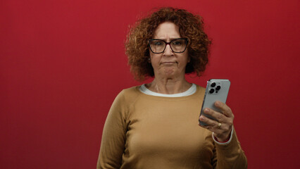 Woman wearing glasses and brown sweater checking smartphone thoughtfully against vivid red wall background.