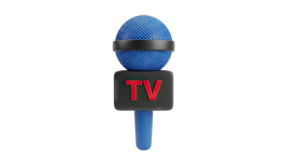 Blue 3D Microphone With Red TV Logo On A Black Background In Studio Lighting