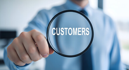 Man in blue shirt holding magnifying glass with customers text on it for business concept closeup