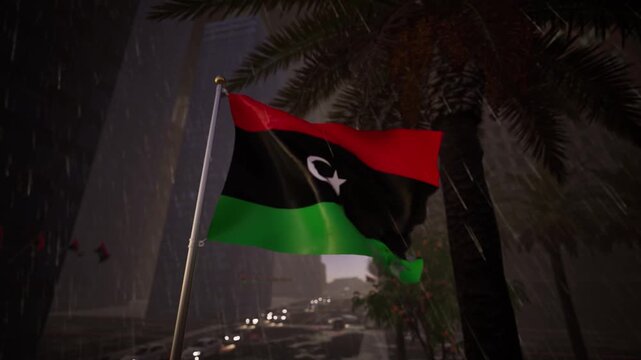 Libyan national flag waving in heavy rainfall across a modern city street with wet reflective surfaces, palm trees and moving traffic.
