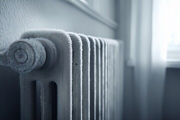 Frozen home radiator with frost texture and a warm blanket, symbolizing heating outages and winter energy crisis.
