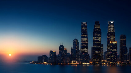 Breathtaking panoramic view of a modern city skyline at sunrise over a calm body of water