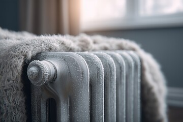 Frozen home radiator with frost texture and a warm blanket, symbolizing heating outages and winter energy crisis.