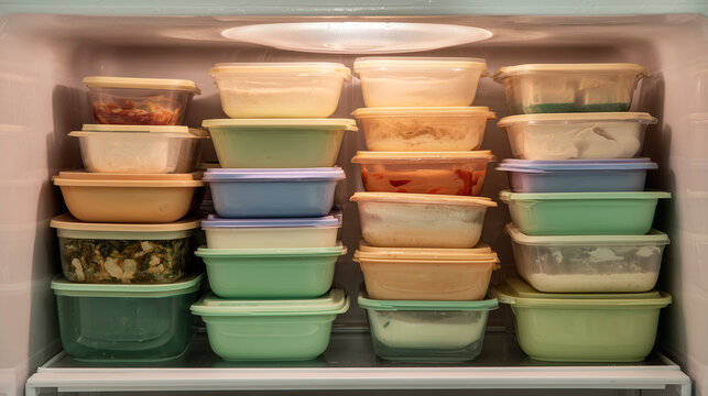 Fridge interior view with stacked tupperware containers filled with holiday leftovers, concept of festive storage - Powered by Adobe