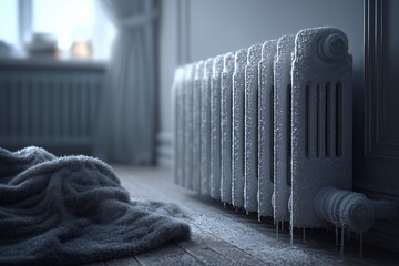 Frozen home radiator with frost texture and a warm blanket, symbolizing heating outages and winter energy crisis.