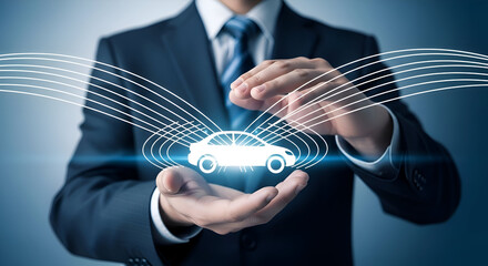 Businessman in suit presenting a glowing white car with swirling lines around it in his hands against a blue background with a futuristic technology and transportation concept