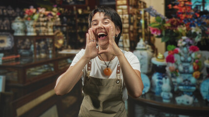 Woman wearing apron cups hands to mouth calling out at a shop counter inside a building; joyful greeting.