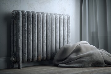 Frozen home radiator with frost texture and a warm blanket, symbolizing heating outages and winter energy crisis.