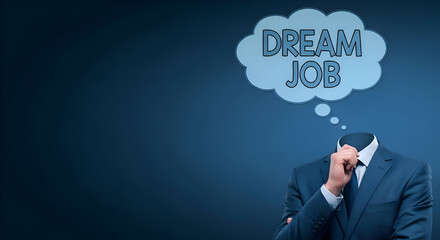 Headless businessman in suit thinking about dream job with thought bubble over blue background