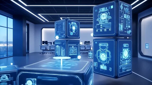Futuristic Holographic Cubes Displaying Data in a Modern Tech Lab.