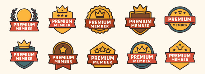 Premium badge collection displays colorful emblem shapes for membership and rewards. The set includes shields, circles, stars, crowns