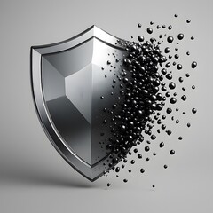 Silver shield disintegrating into small particles against a light background