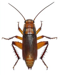 Overhead view of a brown cockroach with long antennae on a white background