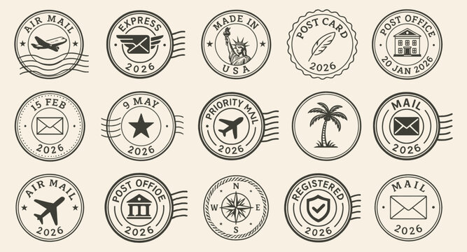 Postage stamp collection featuring mail themed circles. Each mark includes dates, symbols and vintage delivery elements