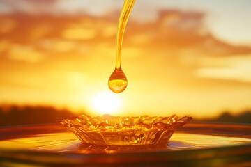 Golden cannabis oil drop falling into a dish against a striking sunset backdrop.