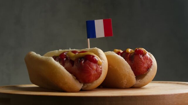 Close up of hot dogs with French flag, composition hints at French style sausages and bakery quality brioche buns.
