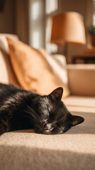 Black Cat Sleeping on Sofa in Bright Living Room