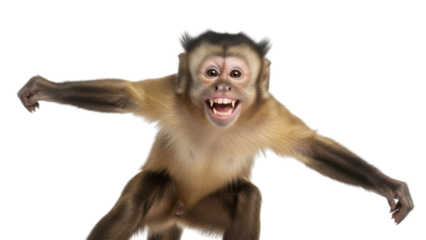 Aggressive Capuchin Monkey jumping with mouth open and arms spread wide isolated PNG with Transparent Background