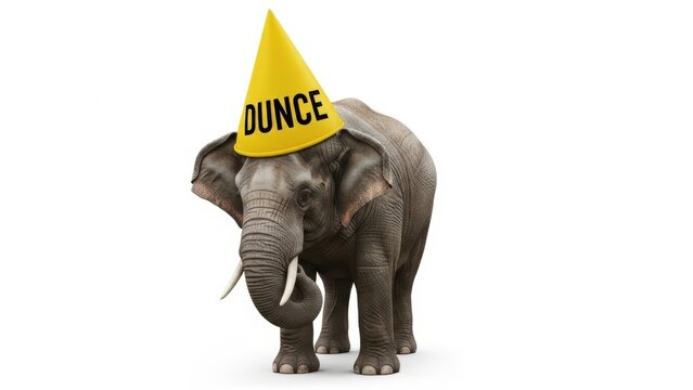 elephant wearing a dunce cap hat, dim, dumb, stupid, on a white background, animal photo