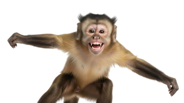 Aggressive Capuchin Monkey jumping with mouth open and arms spread wide isolated PNG with Transparent Background