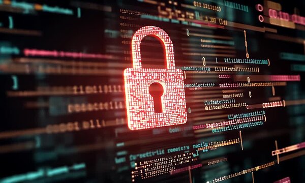 Digital padlock glowing red with binary code and data streams representing cybersecurity and data protection concepts