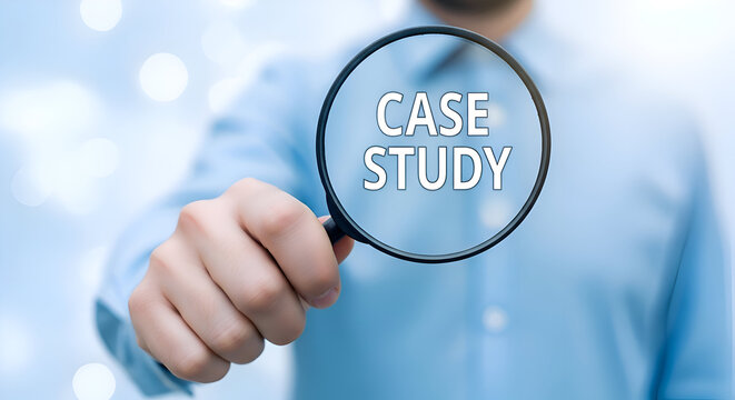 A man holds a magnifying glass with the words case study written on it, against a blurred light blue background with white spots