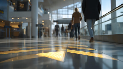 A smart-floor in an airport terminal guiding travelers with dynamic arrows that shift based on flight delays and boarding times — seamless passenger flow, smart transportation hubs, and adaptive