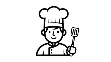 Cartoon chef holding a spatula, ready to cook in a cheerful kitchen setting