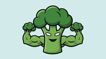 Muscular broccoli character flexing its biceps against a light blue background, symbolizing strength