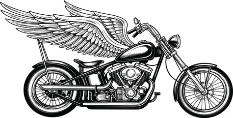 Vintage chopper motorcycle with large wings, freedom, biker club, transport, black and white vector illustration © Sume