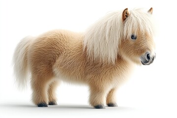 Naklejka premium Small pony with a fluffy mane and coat, standing on a white surface