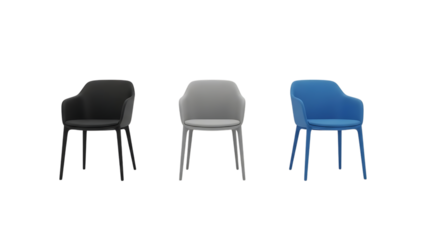Three modern armchairs in different colors isolated on a transparent background