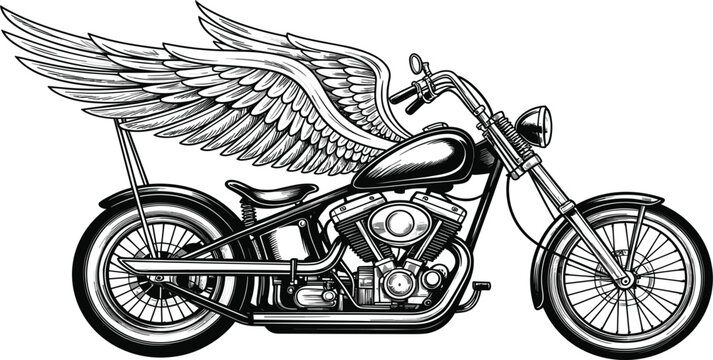 Vintage chopper motorcycle with large wings, freedom, biker club, transport, black and white vector illustration