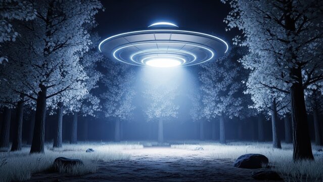 Ufo spaceship hovering in a snowy forest with a bright beam of light - Powered by Adobe