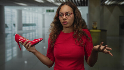 Woman holding red highheel shoe in airport terminal examining it with a puzzled shrug; indecision...