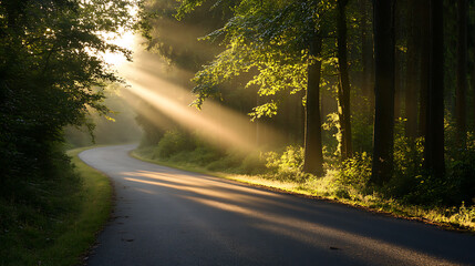 Obraz premium Sun rays break through the forest canopy, illuminating a winding road. Natural beauty and peaceful scene. A calming nature landscape with lush greenery.