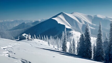 Obraz premium Serene Winter Peaks: Snow-Covered Mountains and Frosted Pine Landscape