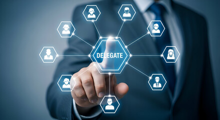 Businessman in suit delegating tasks to multiple team members through digital interface, representing leadership and management concepts