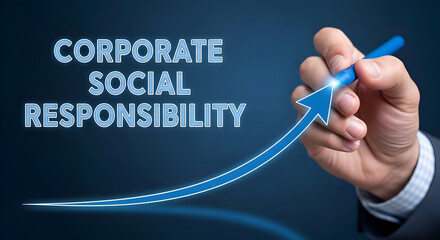 Obraz premium Hand drawing blue arrow upward with pen next to corporate social responsibility text on dark blue background