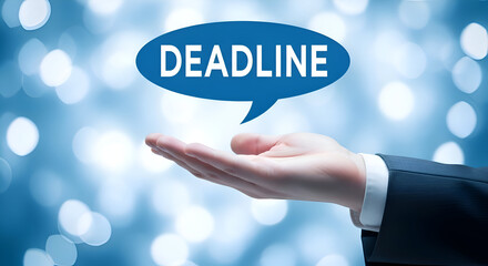 Businessman holding speech bubble with deadline text over bokeh background, time limit concept, urgent task reminder, business deadline notification