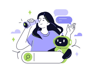 Seo and ai search vector illustration. Woman with robot assistant help explore the internet, analyze queries and improve website visibility. Outline vector isometric.