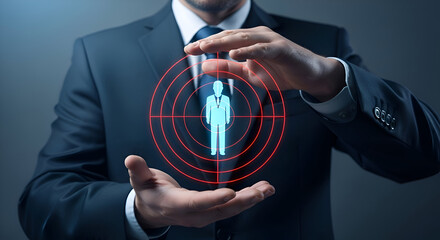 Businessman in suit holding a digital target with a man icon in the center, symbolizing business target or goal, on a dark gray background