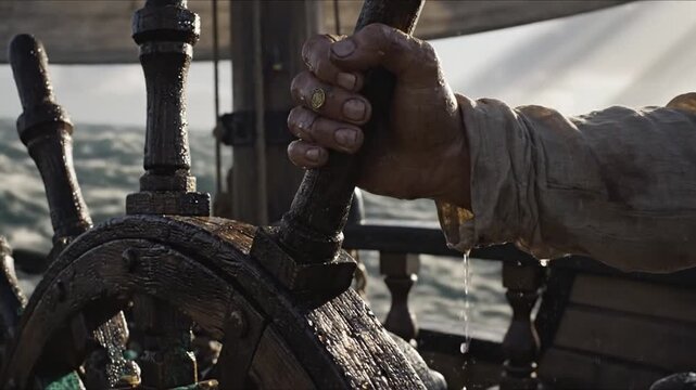 Battling the Storm: Sailor's Hand Grips the Ship's Helm as a Massive Wave Crashes Over Deck