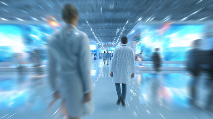 Dynamic View of Medical Personnel Moving Quickly in a Futuristic Facility