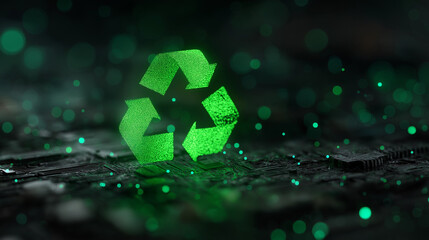 Green Recycling Symbol Glowing on Dark Electronic Components