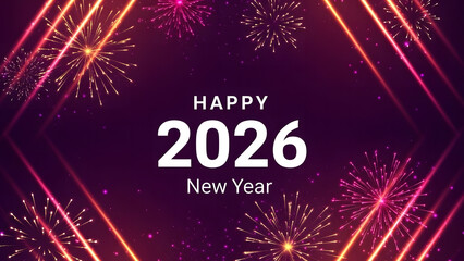 Happy 2026 new year greeting card with golden fireworks and purple background