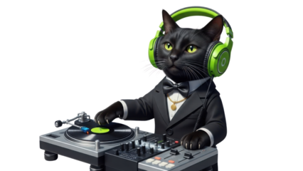 Dapper Black Cat DJ Wearing Bright Green Headphones and Tuxedo Isolated Illustration isolated PNG with Transparent Background